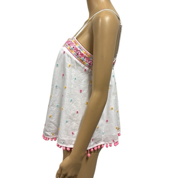 Crown & Ivy Cotton Swiss Dot Embroidered Pom Pom Spaghetti Strap Tank Top Small - Picture 2 of 10